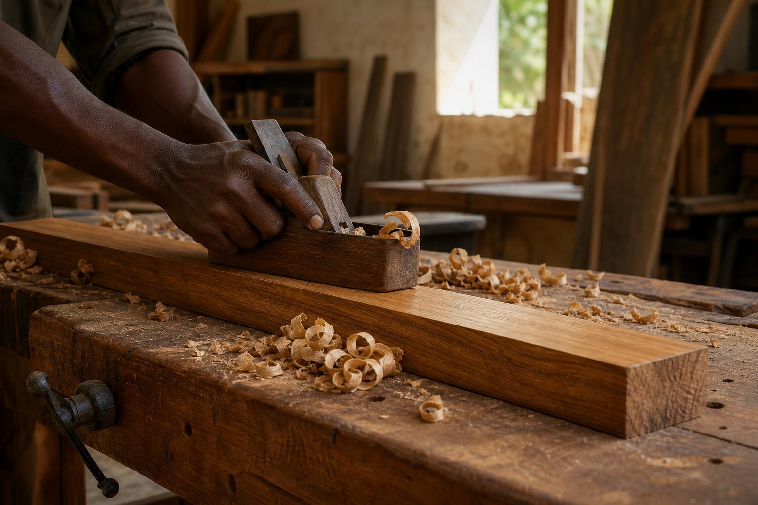 Hand-planing an iroko board in the Odum workshop