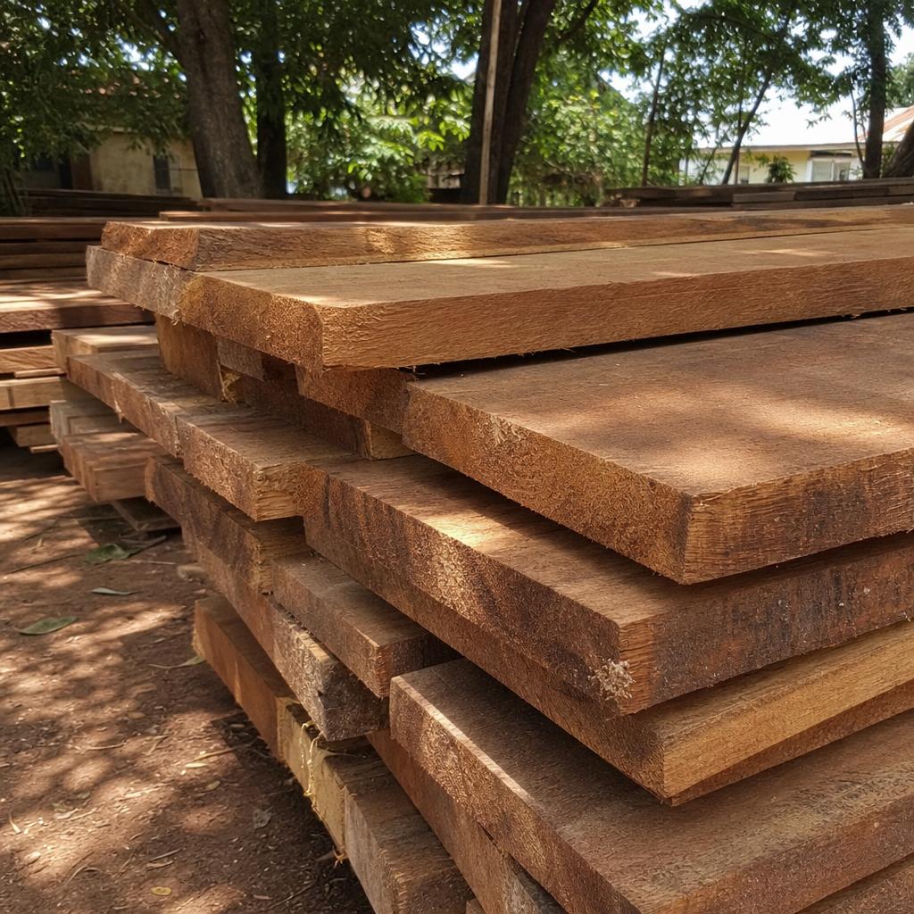 Odum (iroko) hardwood boards seasoning in the timber yard
